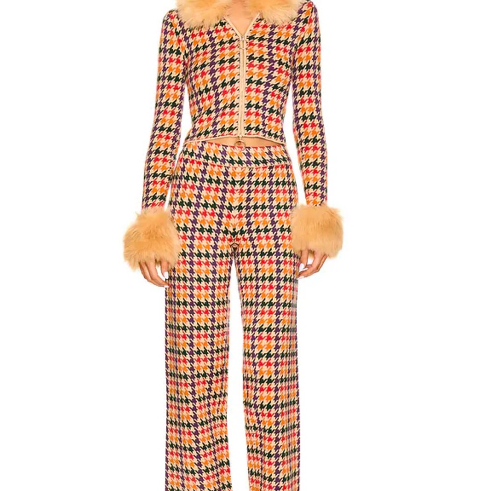 Multicolor Houndstooth Women's Jumpsuit with Faux Fur Trim. Sold as a set.